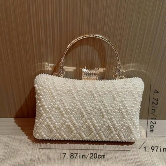 🐎NEW! Pearl-Embellished Cream Handbag Formal Clutch - Picture 4 of 4